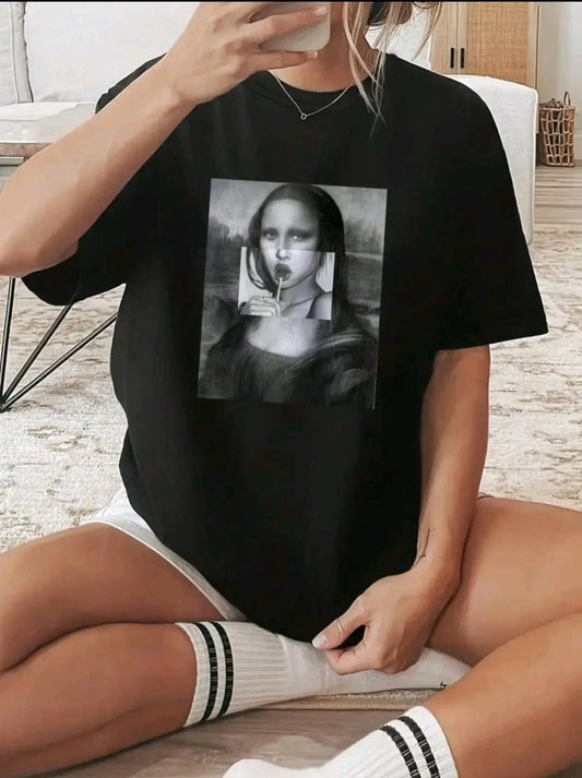 playera para mujer con estampado de Mujer cuello redondo de poliéster, manga corta, patrón de alfabeto, camiseta casual de verano para usar en casa