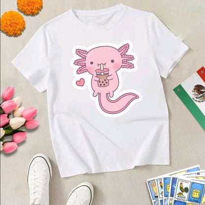 PLAYERA PARA DAMA CON DISEÑO DE AJOLOTE BEBIENDO