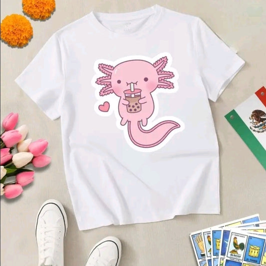 PLAYERA PARA DAMA CON DISEÑO DE AJOLOTE BEBIENDO