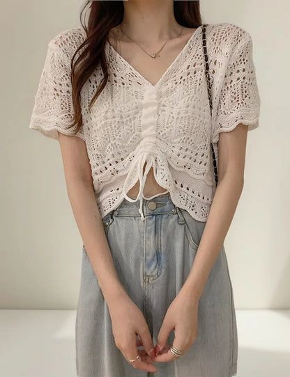 (🌍 PRODUCTO INTERNACIONAL) Suéter Tejido Crochet Hueco Manga Larga Sólido Elegante