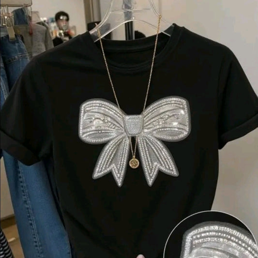 Camiseta De Cuello Redondo Con Estampado De moño gris Camiseta De Manga Corta Casual Para Primavera Y Verano, Ropa De Mujer
