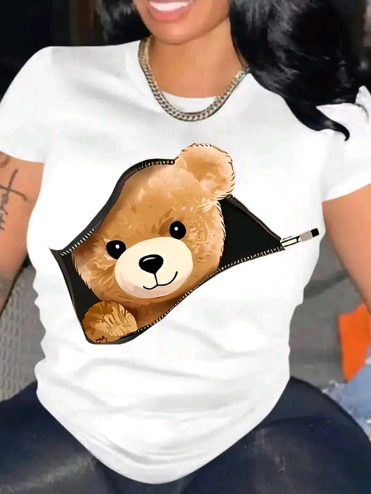 Camiseta estampada de Oso cierre, manga corta, cuello redondo, top casual para verano y primavera ropa de mujer