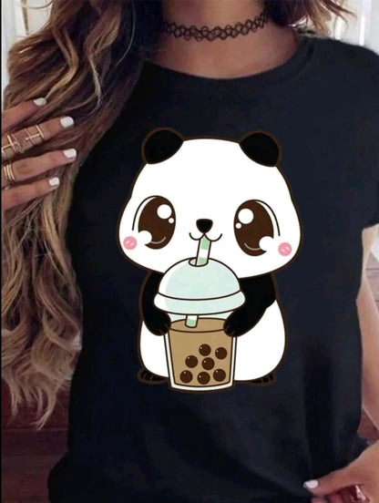 Camiseta De Cuello Redondo Con Estampado de pandita con bebida, Camiseta De Manga Corta Casual Para Primavera Y Verano, Ropa De Mujet