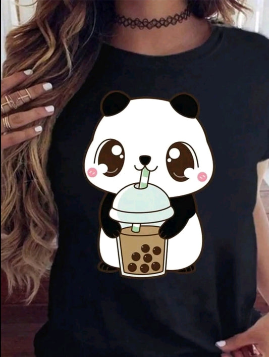 Camiseta De Cuello Redondo Con Estampado de pandita con bebida, Camiseta De Manga Corta Casual Para Primavera Y Verano, Ropa De Mujet