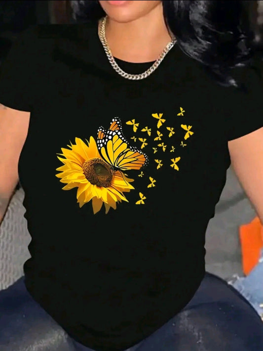 playera para mujer con estampado de Girasol mariposas cuello redondo de poliéste, manga corta, patrón de alfabeto, camiseta casual de verano para usar en casa