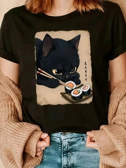 Playera para mujer con estampado de Gato sushi cuello redondo de poliéster, manga corta, patrón de alfabeto, camiseta casual de verano para usar en casa