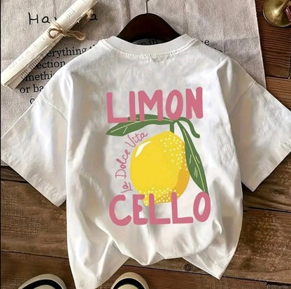 Camiseta Gráfica para Mujer con estampado limoncello - Blanca Cremosa Suave de Manga Cortay Cuello Redondo, Textura Lisa, Perfecta para Primavera v Verano