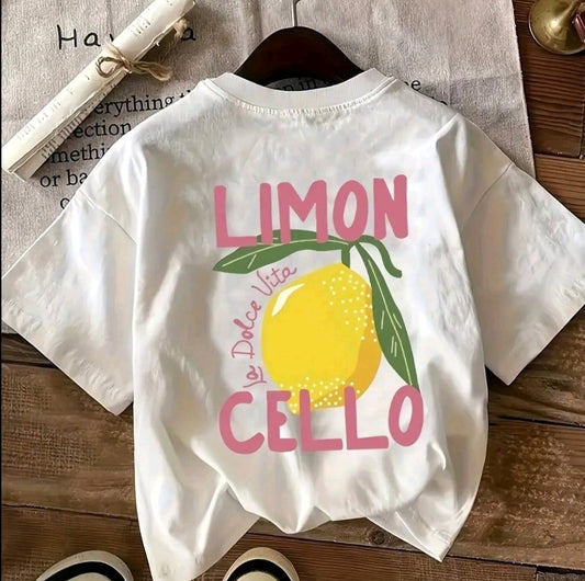 Camiseta Gráfica para Mujer con estampado limoncello - Blanca Cremosa Suave de Manga Cortay Cuello Redondo, Textura Lisa, Perfecta para Primavera v Verano