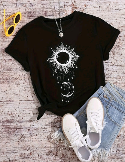 Camiseta De Cuello Redondo Con Estampado De Sol 'Y Luna, Camiseta De Manga Corta Casual Para Primavera Y Verano, Ropa De Mujer