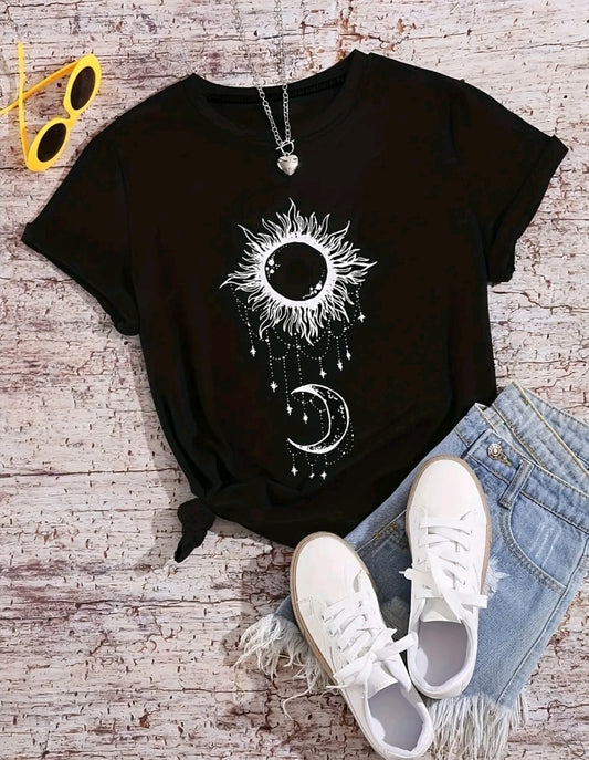 Camiseta De Cuello Redondo Con Estampado De Sol 'Y Luna, Camiseta De Manga Corta Casual Para Primavera Y Verano, Ropa De Mujer