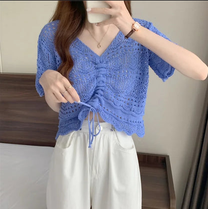 (🌍 PRODUCTO INTERNACIONAL) Suéter Tejido Crochet Hueco Manga Larga Sólido Elegante