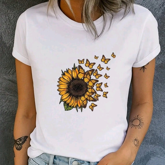 Camiseta estampada con diseño de Girasol , manga corta cuello redondo, top casual para verano primavera, ropa de mujer