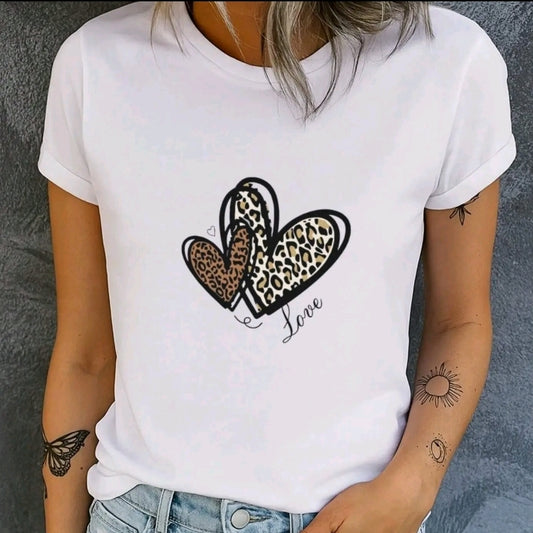 Camiseta estampada con diseño de Corazones , manga corta cuello redondo, top casual para verano y primavera, ropa de mujer