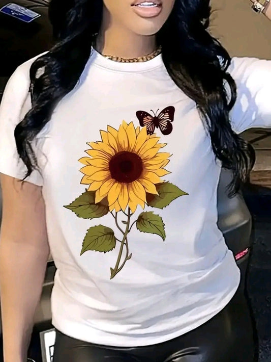 Camiseta estampada de Girasol, manga corta, cuello redondo, top casual para verano 'y primavera, rop? de mujer