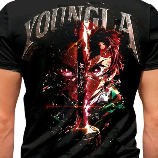 Camiseta con estampado de YOUNGLA ANIMES CAZADOR DE DEMONIOS-camiseta negra-100% Algodón