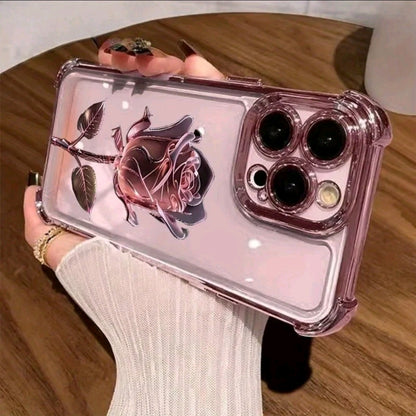Funda protectora para teléfono móvil de TPU antideslizante y a prueba de cadas con patrón de galvanoplastia de rosa rosa, adecuada para iphone 16 15 14 13 12 11 XS X y otros modelos de la serie, puede ser regalada a niños o niñas como una funda de teléfo