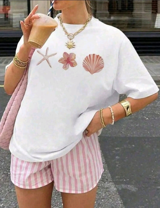 Camiseta Casual para Mujer con Estampado de vida marina - Mezcla de Poléster Suave, Cuellc Redondo, Manga Corta, Tejido de Punto Semi-Transparente, Lavable a Máquina, Camiseta para Uso Diarig I Top de Cuello Redondo | Material Semi-Transparente, Cam