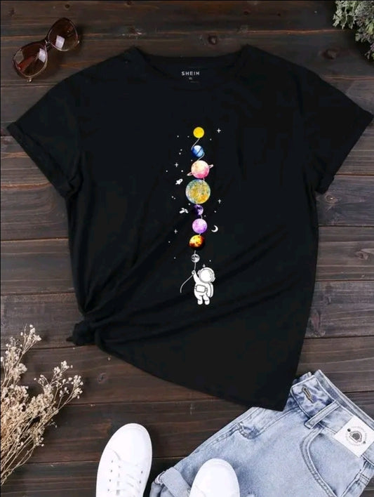 Camiseta De Cuello Redondo Con Estampado De astronauta planetas Camiseta De Manga Corta Casual Para Primavera Y Verano, Ropa De Mujet