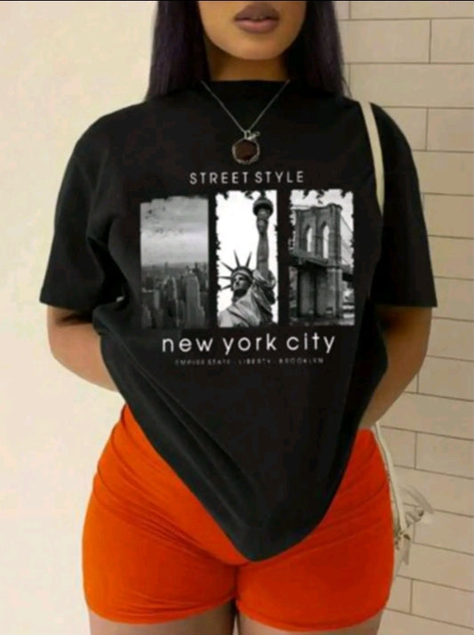 Camiseta casual y versátil de mujer con cuello redondo y mangas cortas, con estampado de New yor city