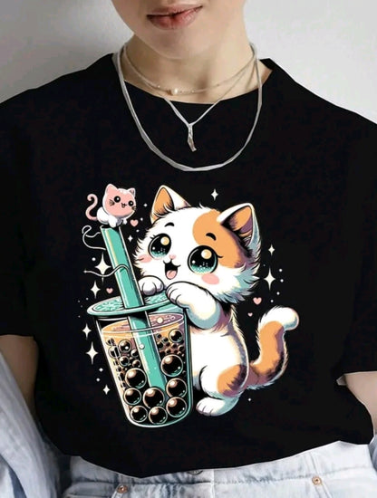 Camiseta De Cuello Redondo Con Estampado De gatito con bebida, Camiseta De Manga Corta Casual Para Primavera Y Verano, Ropa De Mujer