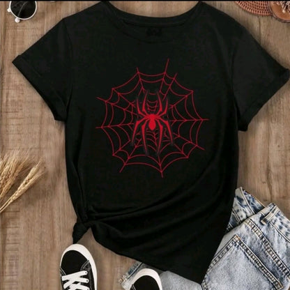Camiseta Gráfica de araña roita para Mujer - Camiseta Casual de Poliéster Negra con Detalle de Cremallera, Mangas Cortas y Cuello Redondo, Lavable a Máquina, Ropa CasuallCamiseta Gráfica JuguetonalTop Lavable a Máquina