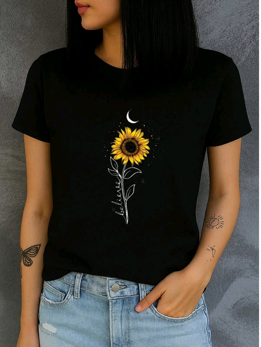 Camiseta Gráfica de Girasol Luna para Mujer- Cómoda de Manga Corta, Cuello Redondo, Deportiva Casual en Mezcla de Poliéster Suave, Lavable a Máquina