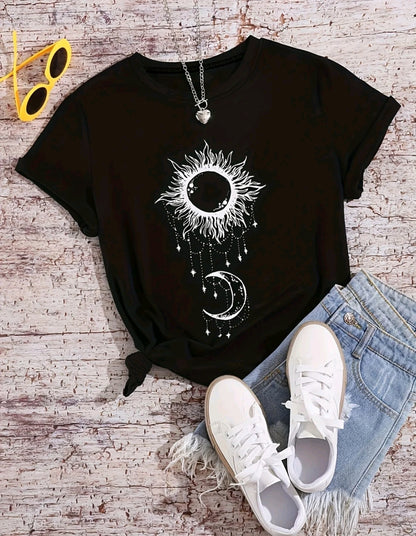 Camiseta De Cuell Redondo Con Estampado De Sol Y Luna, ### Car Camiseta De Manga Corta Casual Para Primavera Y Verano, Ropa De Mujer