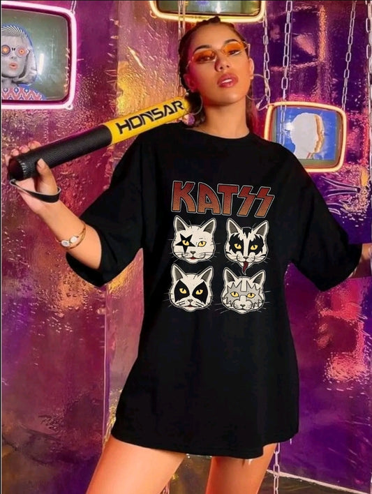 PLAYERA DE CUELLO REDONDO DAMA PARA TODAS LAS EDADES ESTILO URBANO CON ESTAMPADO DE KATSS