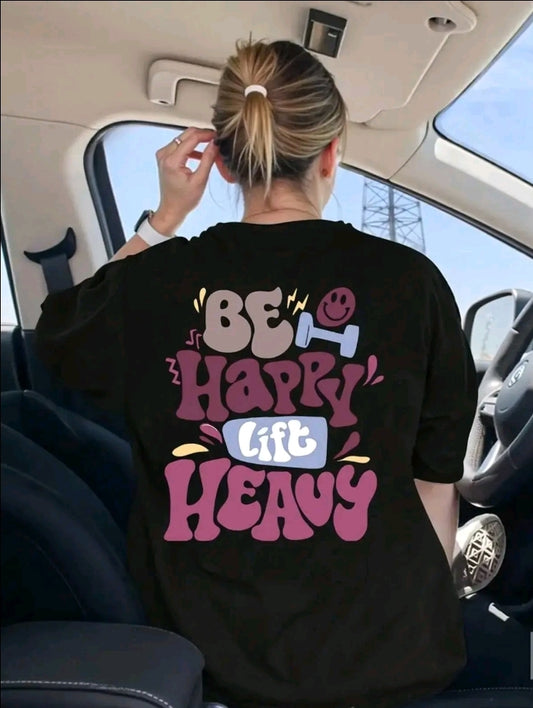 Camiseta Motivacional de Fitness para Mujer - BE HAPPY LIFT HEAVY" con Diseño Gráfico, Caras Alegres y Pesas, Tejido Transpirable de Elasticidad Media, Ropa Casual de Verano para Gimnasio