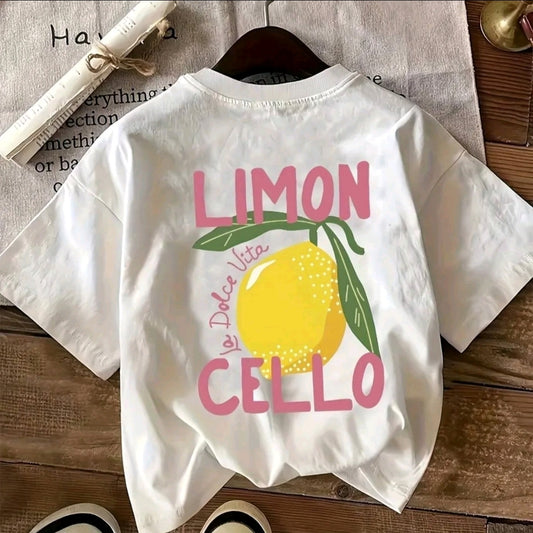 Camiseta Gráfica para Mujer con estampado limoncello - Blanca Cremosa Suave de Manga Corta y Cuello Redondo, Textura Lisa, Perfecta para Primavera v Verano
