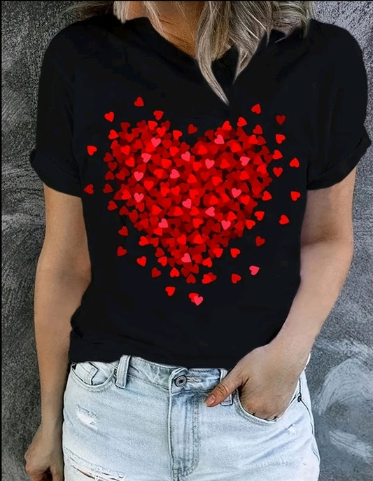 Camiseta Estampada De Corazón, Manga Corta, Cuello Redondo, Top Casual Para Verano Y Primavera Ropa De Mujer