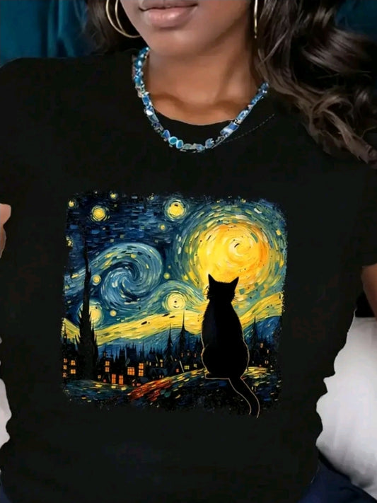plavera para mujer con estampado de Gato colores cuello redondo de poliéster, manga corta, patrión de alfabeto, camiseta casual de verano para usar en casa