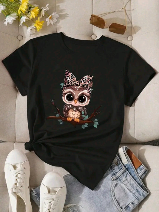 playera para mujer con estampado de buho cuello redondo de poliéster, manga corta, patrón de alfabeto 2◦ camiseta casual verano para usar en casa